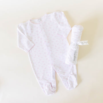 Elephant pattern pink 2 piece set for baby on a neutral background