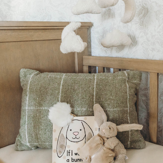 Beige bunny stuffed animal and book titled "if I were a bunny" in a crib with a green pillow