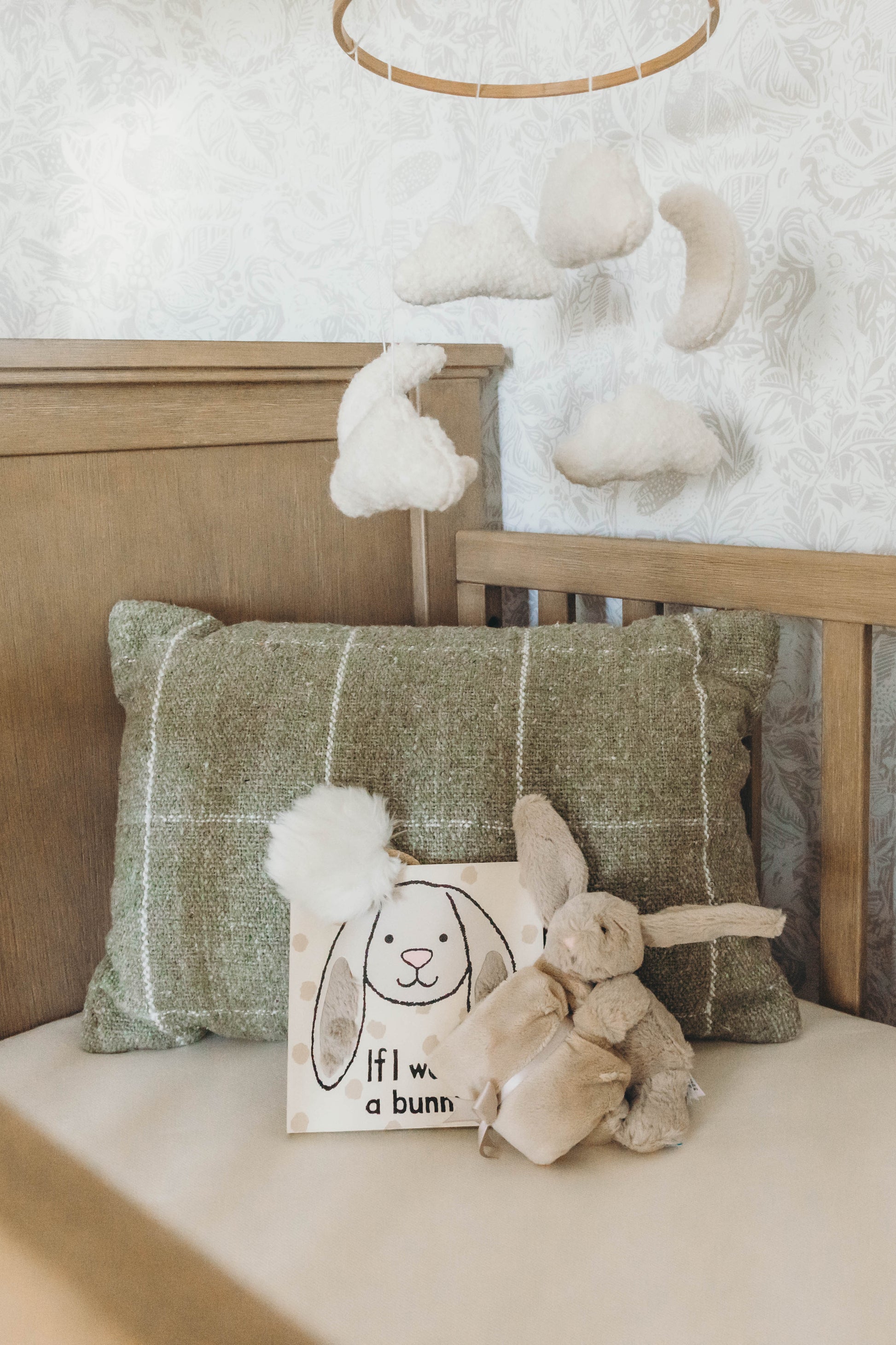 Beige bunny stuffed animal and book titled "if I were a bunny" in a crib with a green pillow